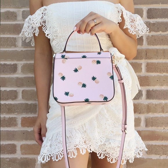 Kate Spade Colada Staci Pineapple Square Flap Crossbody Top Handle Pink Multi - Picture 6 of 8